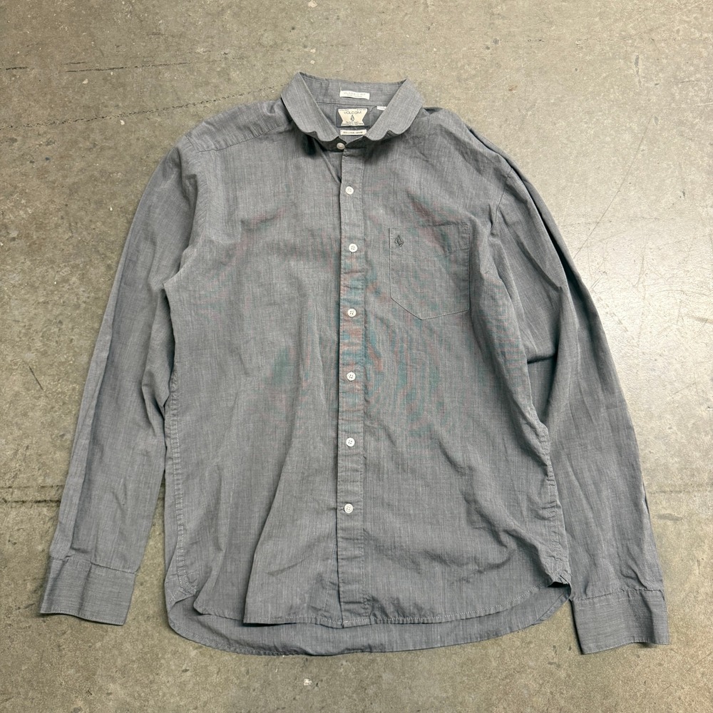 Volcom Mens Classic Fit Grey Long Sleeve Button Down Club Collar Shirt Large